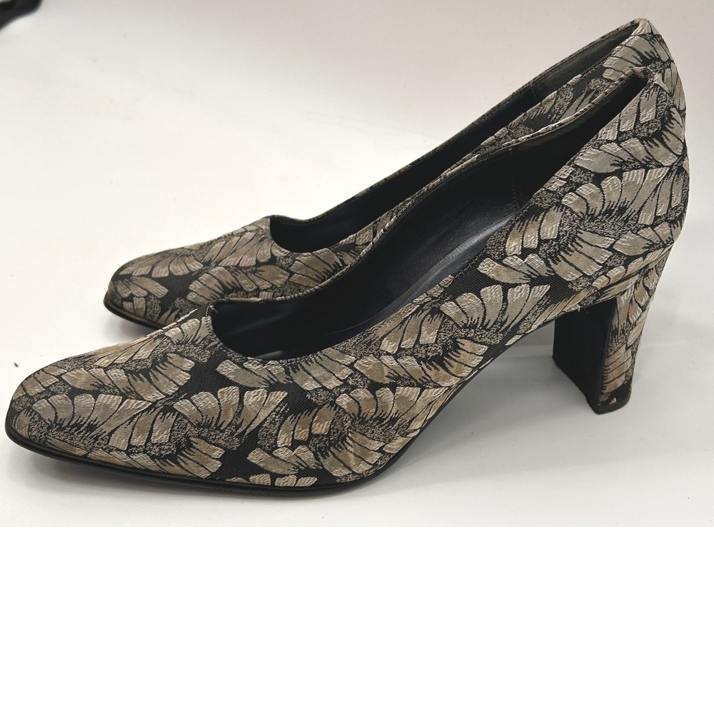 Jasmin Floral Brocade Block Heel Pumps Women's Black Beige Vintage Heels 10B